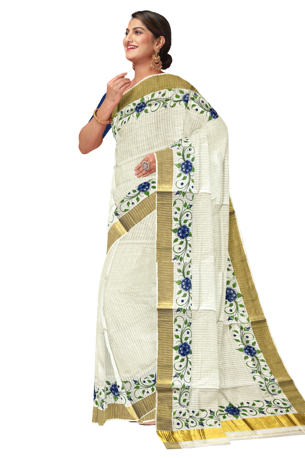 Pure Cotton Kerala Kasavu Lines Design and Blue Floral Block Printed Saree