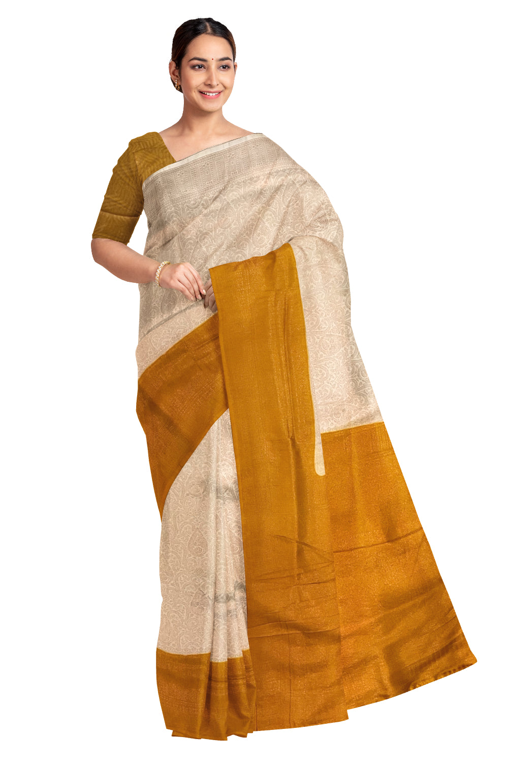 Southloom Soft Silk Beige Designer Saree with Yellow Border