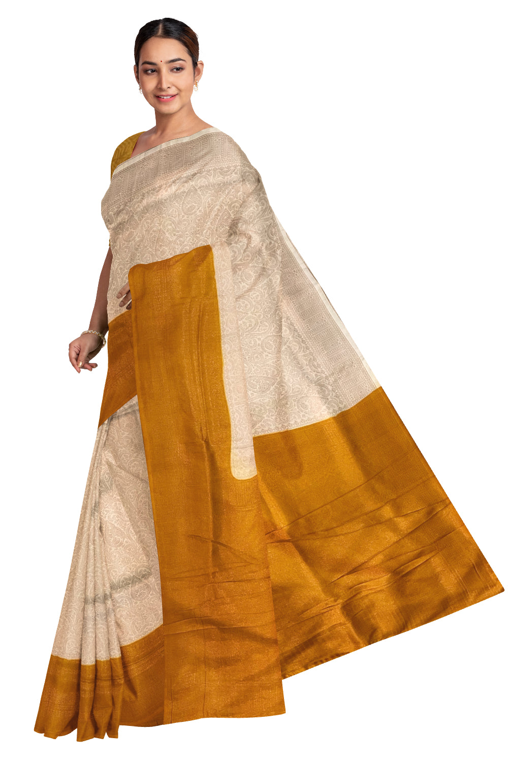 Southloom Soft Silk Beige Designer Saree with Yellow Border