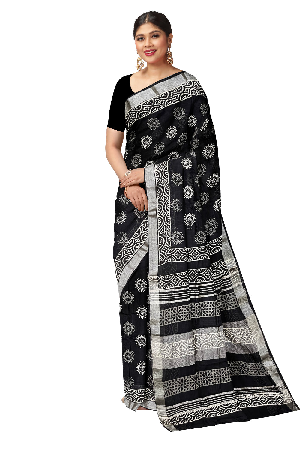 Southloom Linen Black Designer Saree with Floral Prints