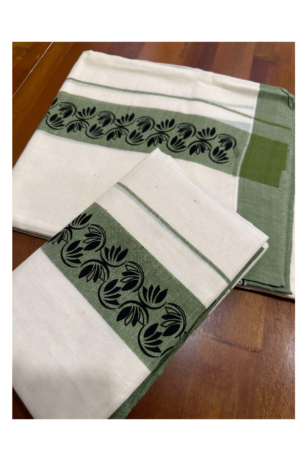 Kerala Cotton Single Set Mundu (Mundum Neriyathum) with Block Prints on Green Border (Onam set Mundu 2023)