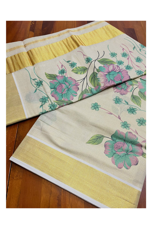Kerala Tissue Kasavu Saree with Violet And Green Floral Prints on Body (Vishu 2024 Collection)