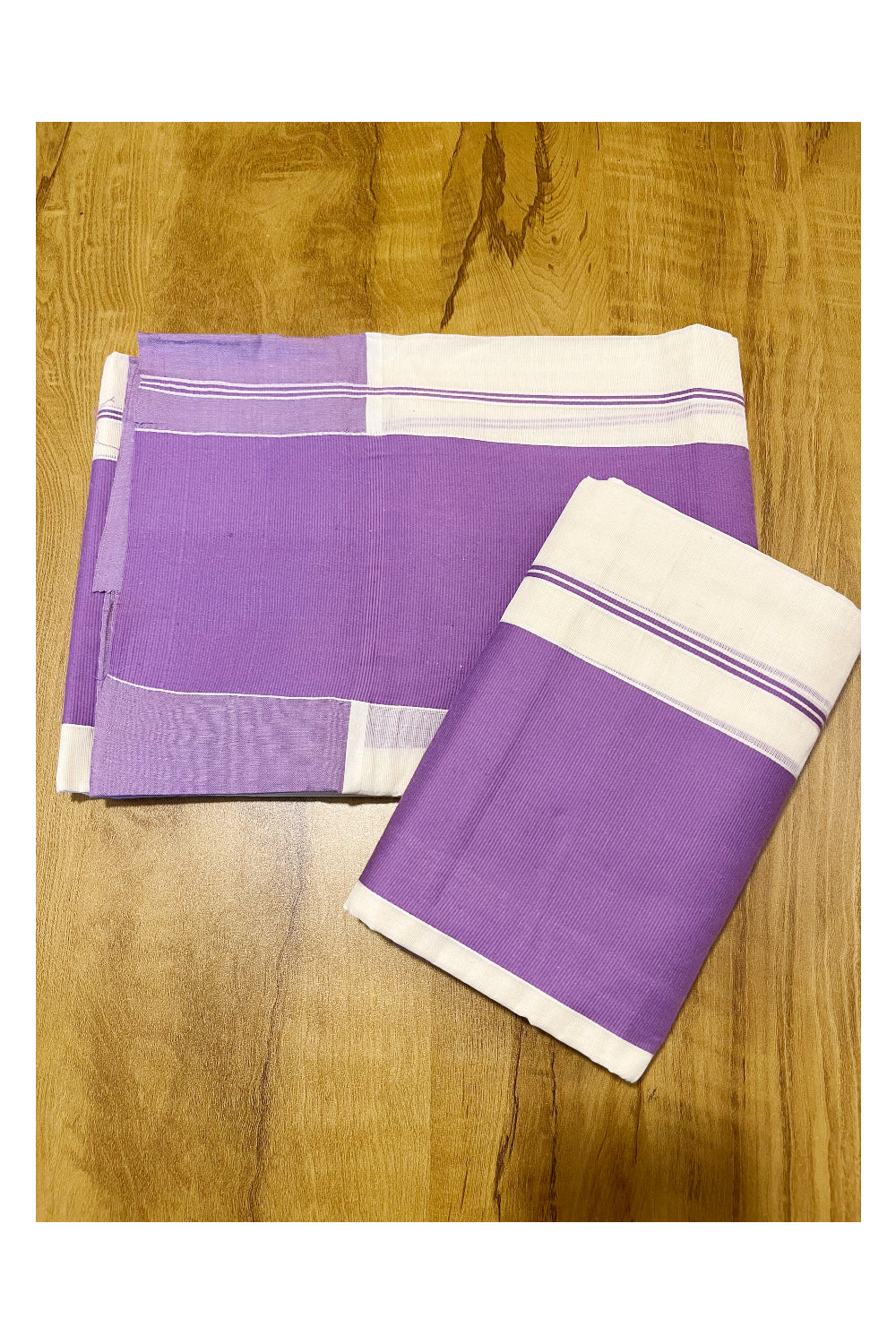 Kerala Pure Cotton Single Set Mundu (Mundum Neriyathum) with 5 inch Lavender Border 2.80 Mtrs