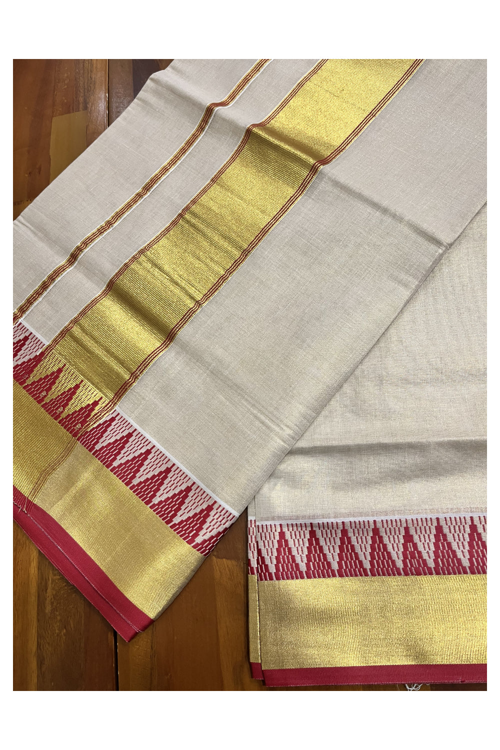Kerala Tissue Saree with Kasavu and Red Temple Woven Designs on Border (Vishu 2024 Collection)