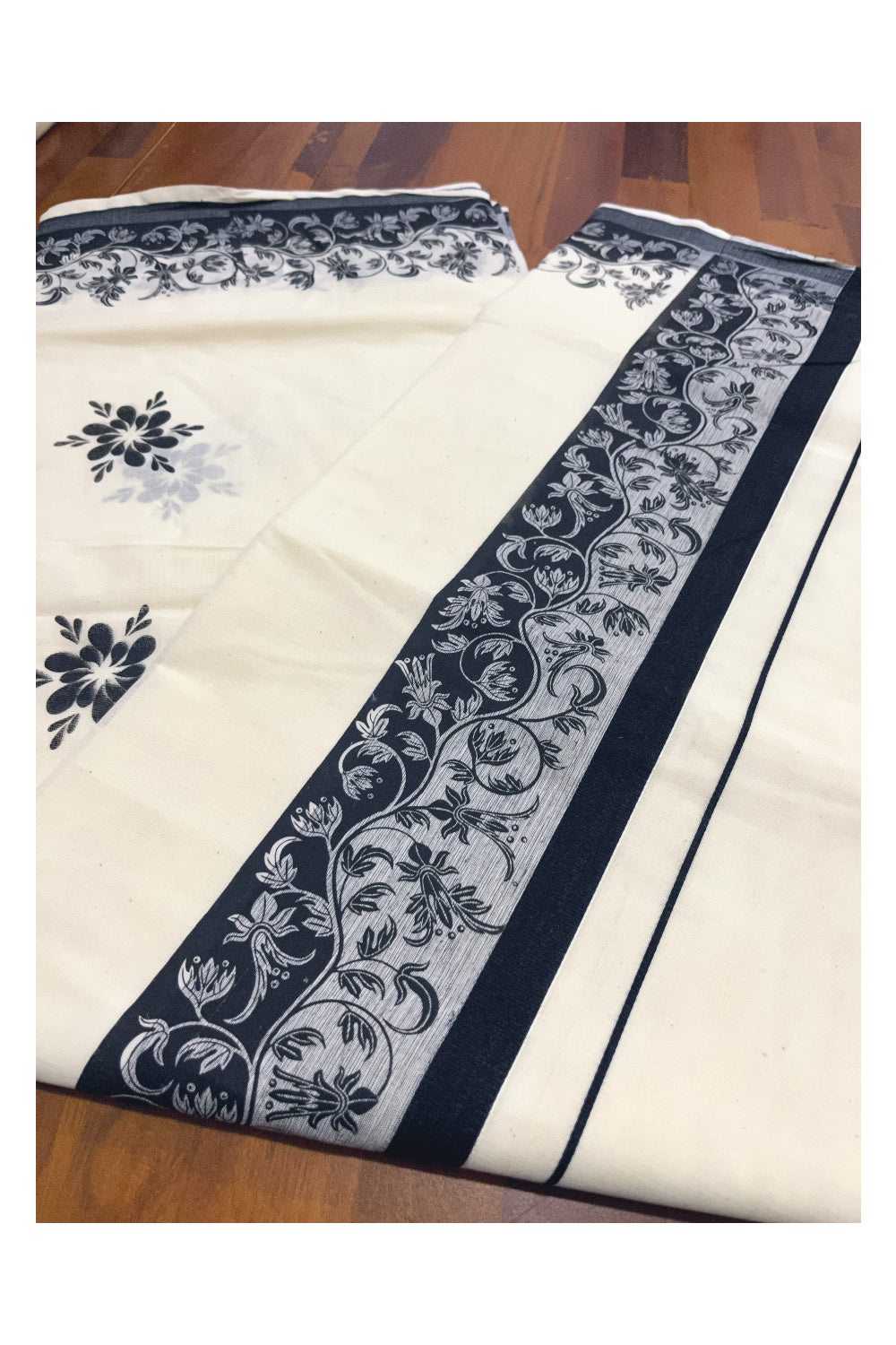 Kerala Cotton Saree with Black Floral Block Prints on Border (Onam Saree 2023)