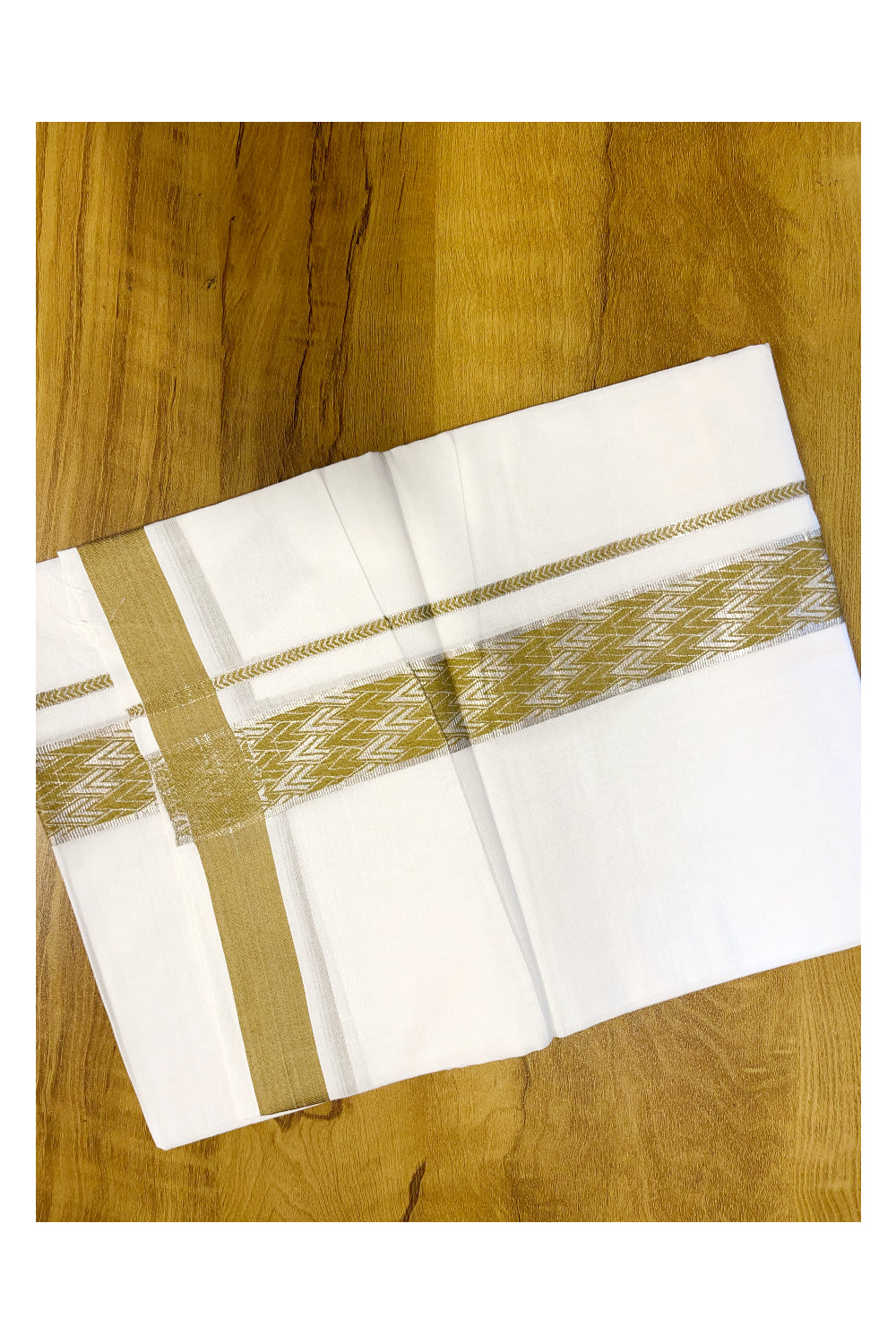 Pure White Cotton Double Mundu with Silver Kasavu and Olive Green Woven Border