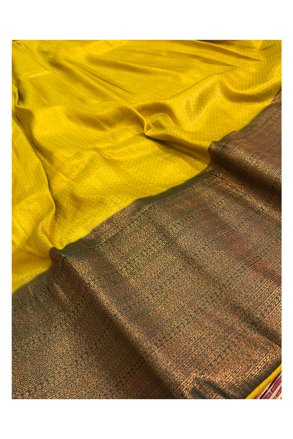 Semi Stitched Premium Semi SIlk Golden Yellow Dhavani Set with Green Neriyathu and Blouse Piece