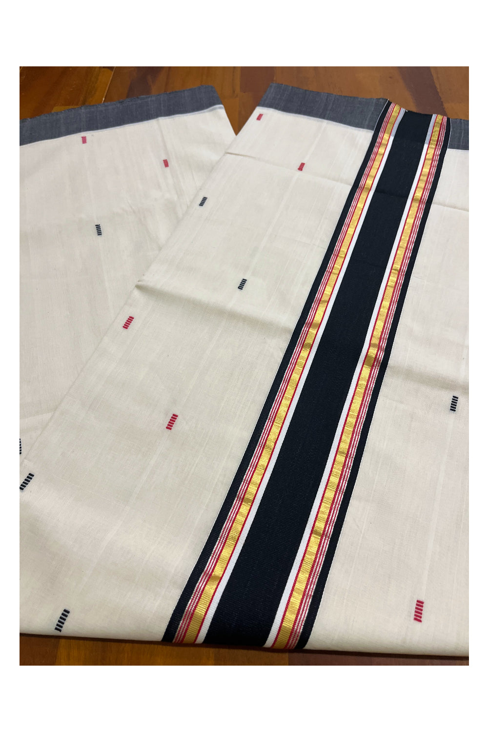 Southloom Premium Balaramapuram Unakkupaavu Handloom Cotton Butta Saree with Black Red and Kasavu Border