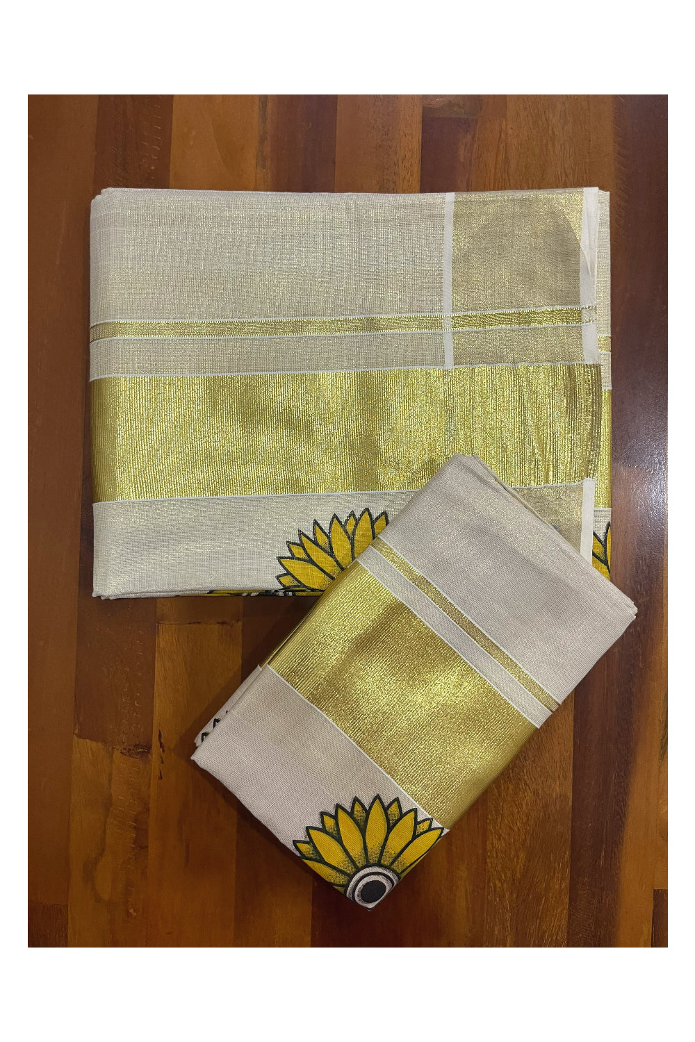 Kerala Tissue Kasavu Set Mundu (Mundum Neriyathum) with Sunflower Mural Printed Design 2.80 Mtrs (Onam Set Mundu 2023)