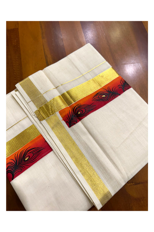 Kerala Pure Cotton Double Mundu with Hand Painted Designs on Kasavu Border(South Indian Kerala Dhoti)