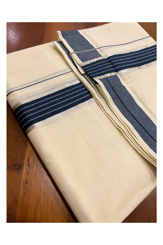 Kerala Cotton Double Mundu with Dark Teal Blue and Silver Kasavu Line Border (Onam Mundu 2023)