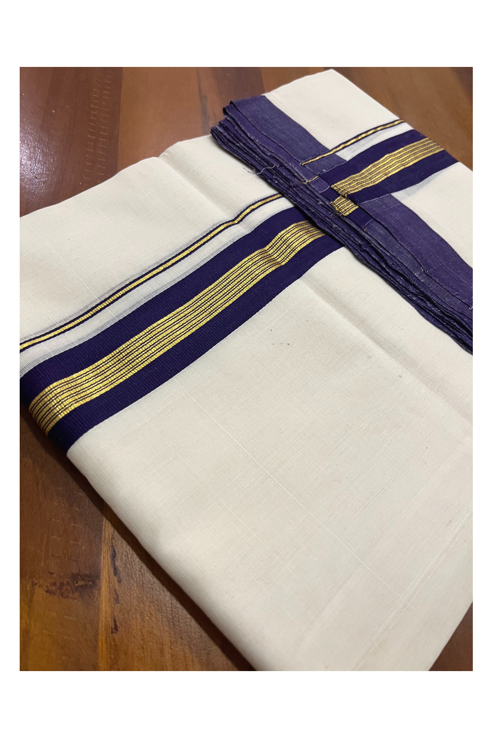 Southloom Premium Balaramapuram Unakkupaavu Handloom Mundu with Violet and Kasavu Border (South Indian Kerala Dhoti)