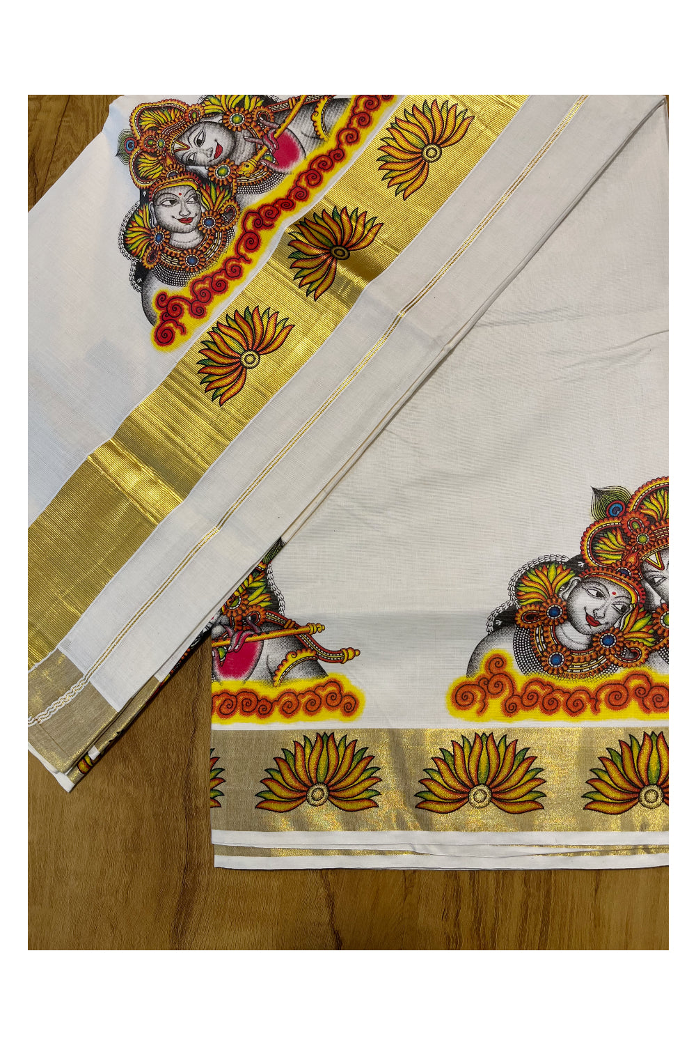 Pure Cotton Kerala Kasavu Saree with Krishna Radha Mural Printed Art Design and Printed Border