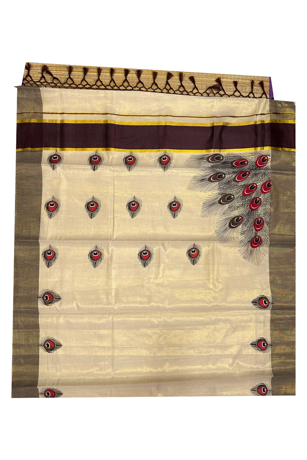 Kerala Tissue Kasavu Saree with Feather Block Prints and Brown Border (Onam Saree 2023)