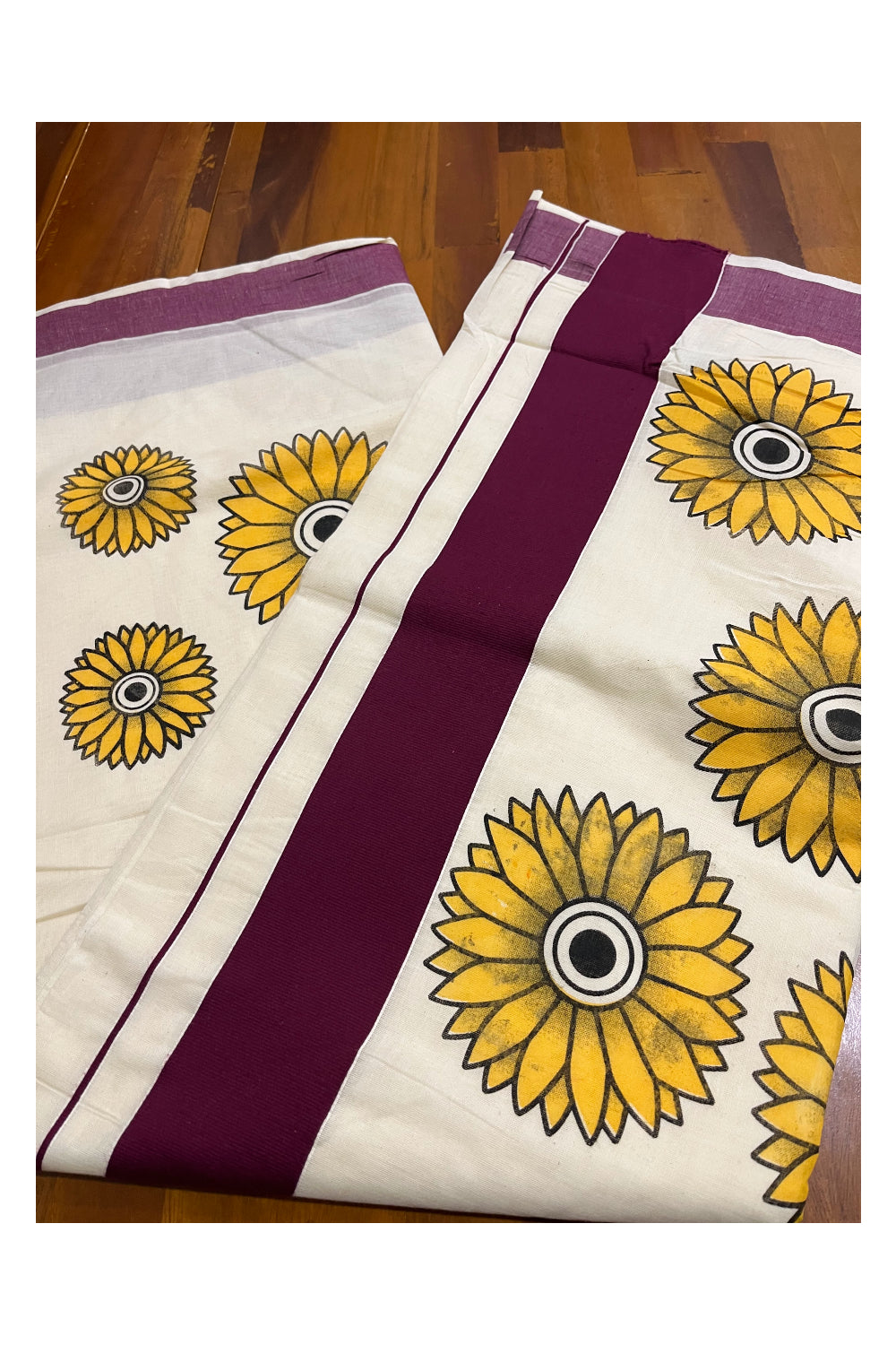 Kerala Pure Cotton Saree with Sunflower Prints on Body and Purple Border