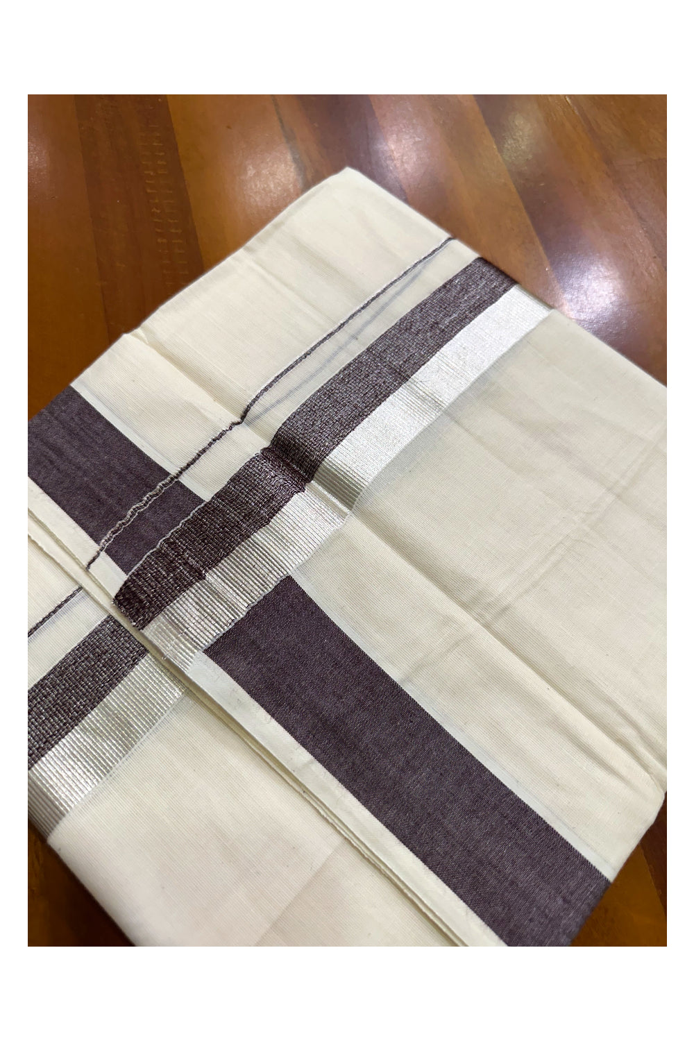 Kerala Pure Cotton Off White Double Mundu with Silver Kasavu And Brown Kara (South Indian Kerala Dhoti)