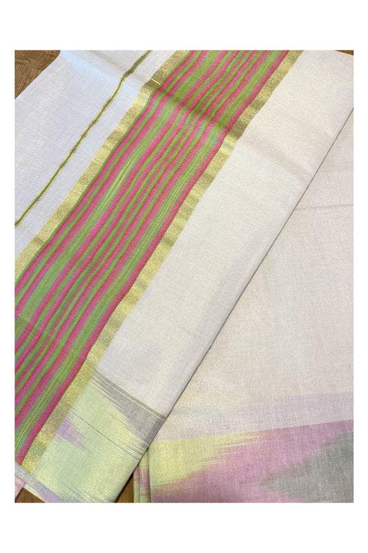 Southloom Kerala Tissue Kasavu Saree with Green and Pink Pochampally Design on Borders and Kara