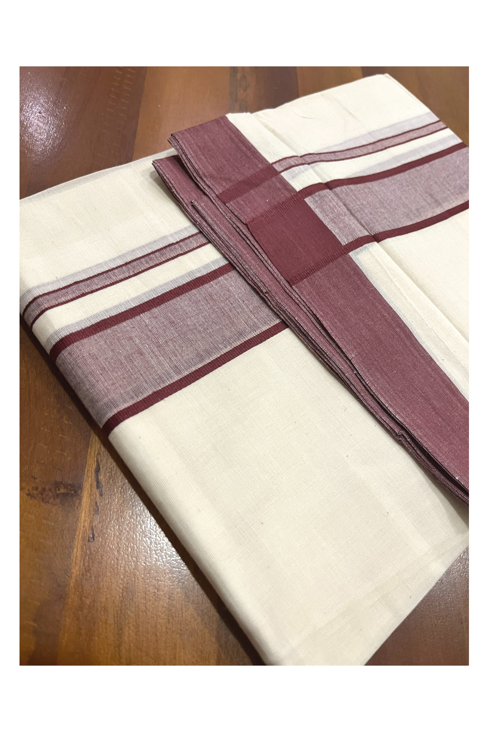 Off White Kerala Double Mundu with Maroon Kara (South Indian Kerala Dhoti)