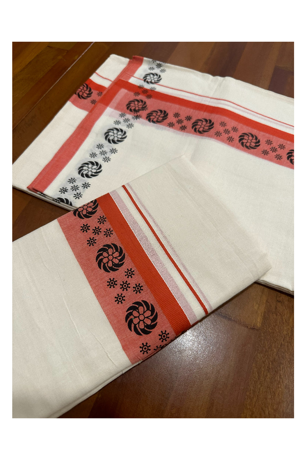 Kerala Cotton Set Mundu (Mundum Neriyathum) with Block Prints on Dark Orange Border (Onam Set Mundu 2023)