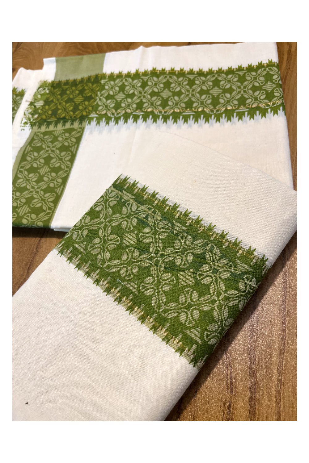 Kerala Cotton Single Set Mundu (Mundum Neriyathum) with Green Block printed Border 2.80 mtr