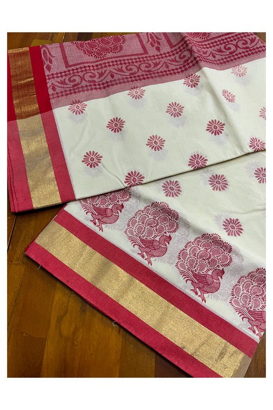 Pure Cotton Kerala Saree with Red Block Print Designs and Kasavu Border (Vishu 2024 Collection)