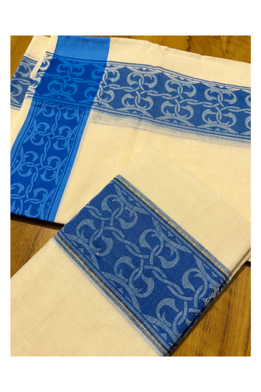 Kerala Cotton Single Set Mundu (Mundum Neriyathum) with Blue Block print and Kasav Line Border 2.80Mtrs