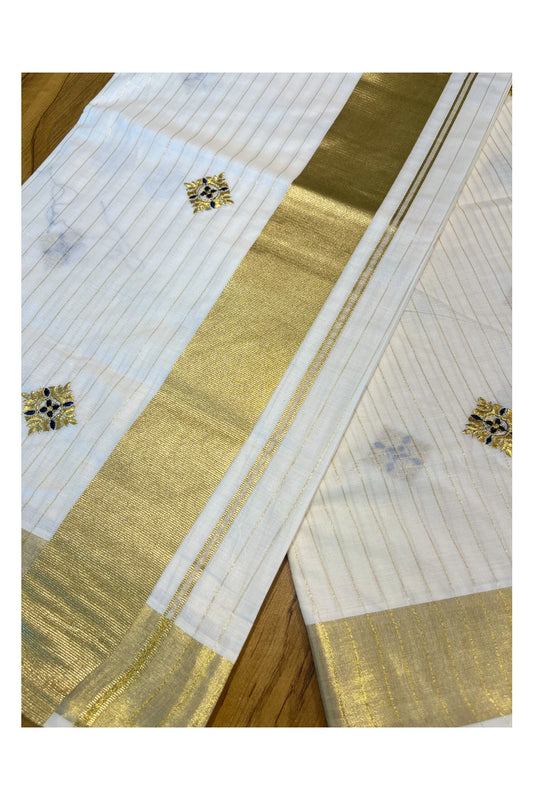 Kerala Cotton Kasavu  Lines Saree with Blue and Golden Embroidery Work