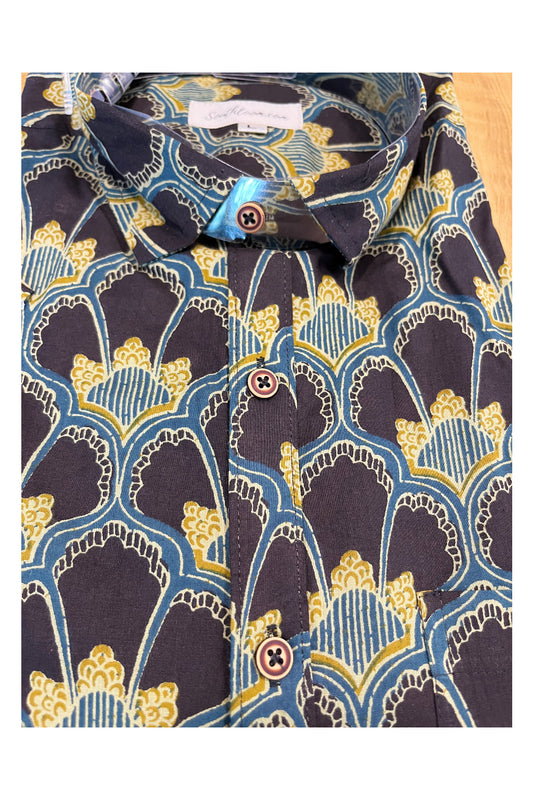 Southloom Jaipur Cotton Black and Blue Hand Block Printed Shirt (Half Sleeves)