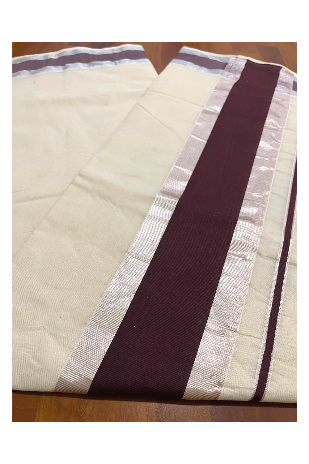 Pure Cotton Kerala Saree with Brown and Silver Kasavu Border