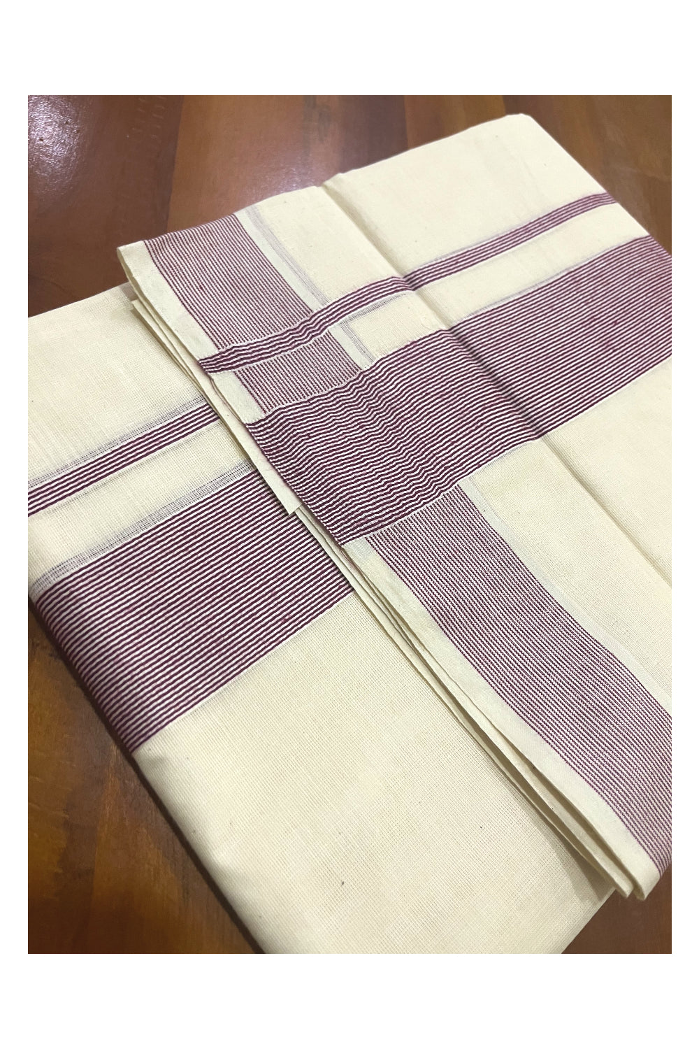 Off White Kerala Double Mundu with 2 inch Maroon Line Border (South Indian Dhoti)