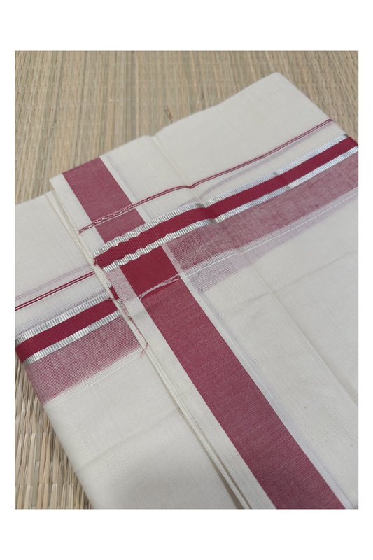 Off White Kerala Double Mundu with Silver Kasavu and Maroon Kara (South Indian Kerala Dhoti)