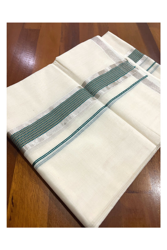 Southloom Premium Handloom Cotton Double Mundu with Silver Kasavu and Green Woven Border (South Indian Kerala Dhoti)