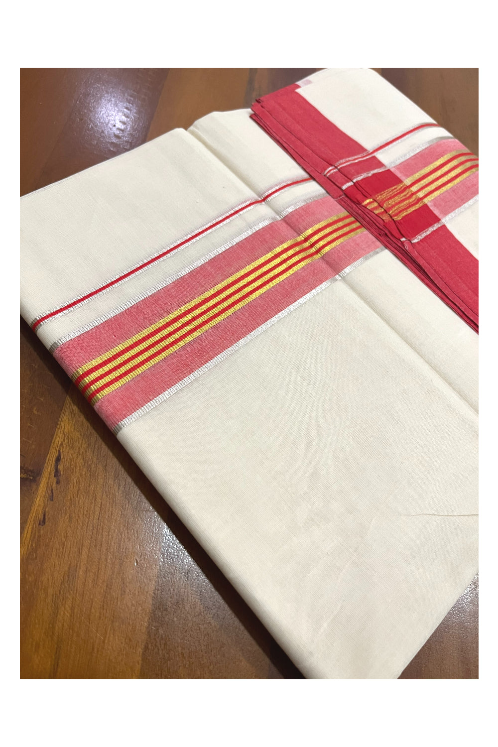 Pure Cotton 100x100 Double Mundu with Silver Golden Kasavu and Red Kara (Onam Mundu 2023)