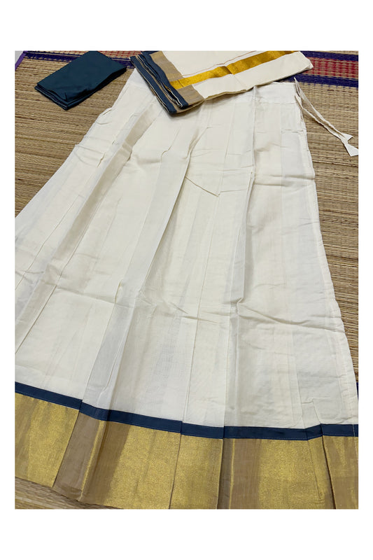 Southloom Semi Stitched Cotton Dhavani Set with Kasavu Border and Grey Blouse Piece