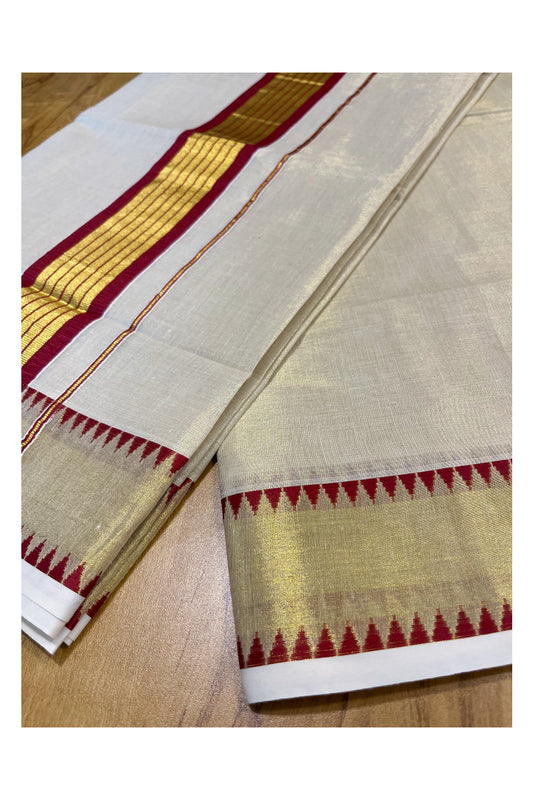 Kerala Tissue Kasavu Saree With Maroon Temple Woven Works on Border