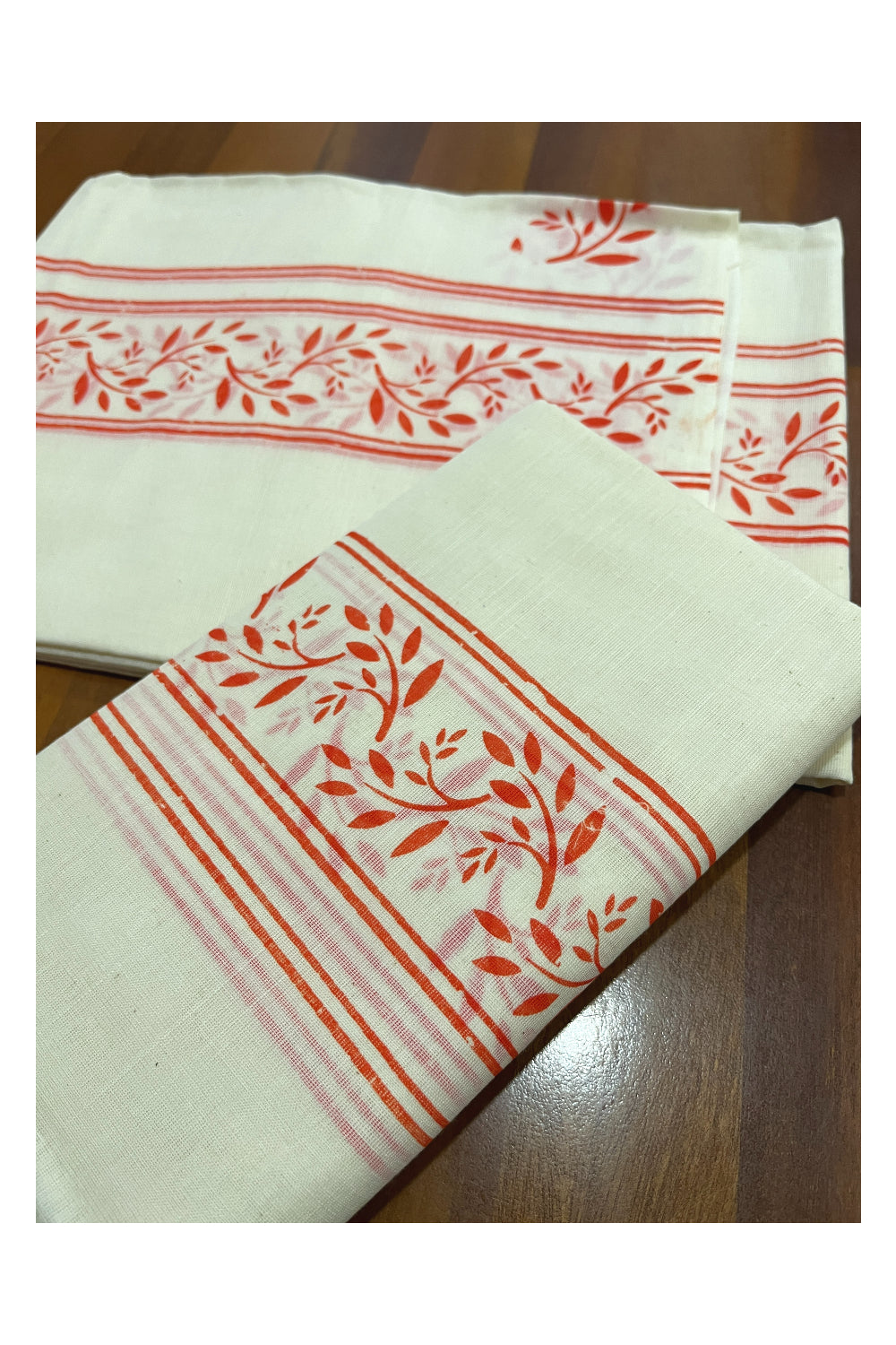 Pure Cotton Kerala Single Set Mundu (Mundum Neriyathum) with Orange Block Prints on Border