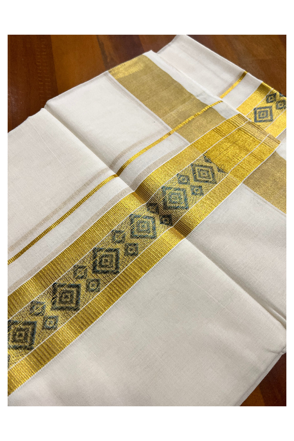 Southloom Premium Handloom Pure Cotton Mundu with Golden and Blue Kasavu Woven Border (Onam 2024 Collection)