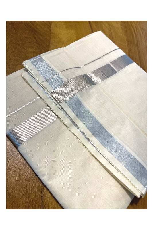 Off White Pure Cotton Mundu with Silver Kasavu Kara 1 Inches (South Indian Kerala Dhoti)