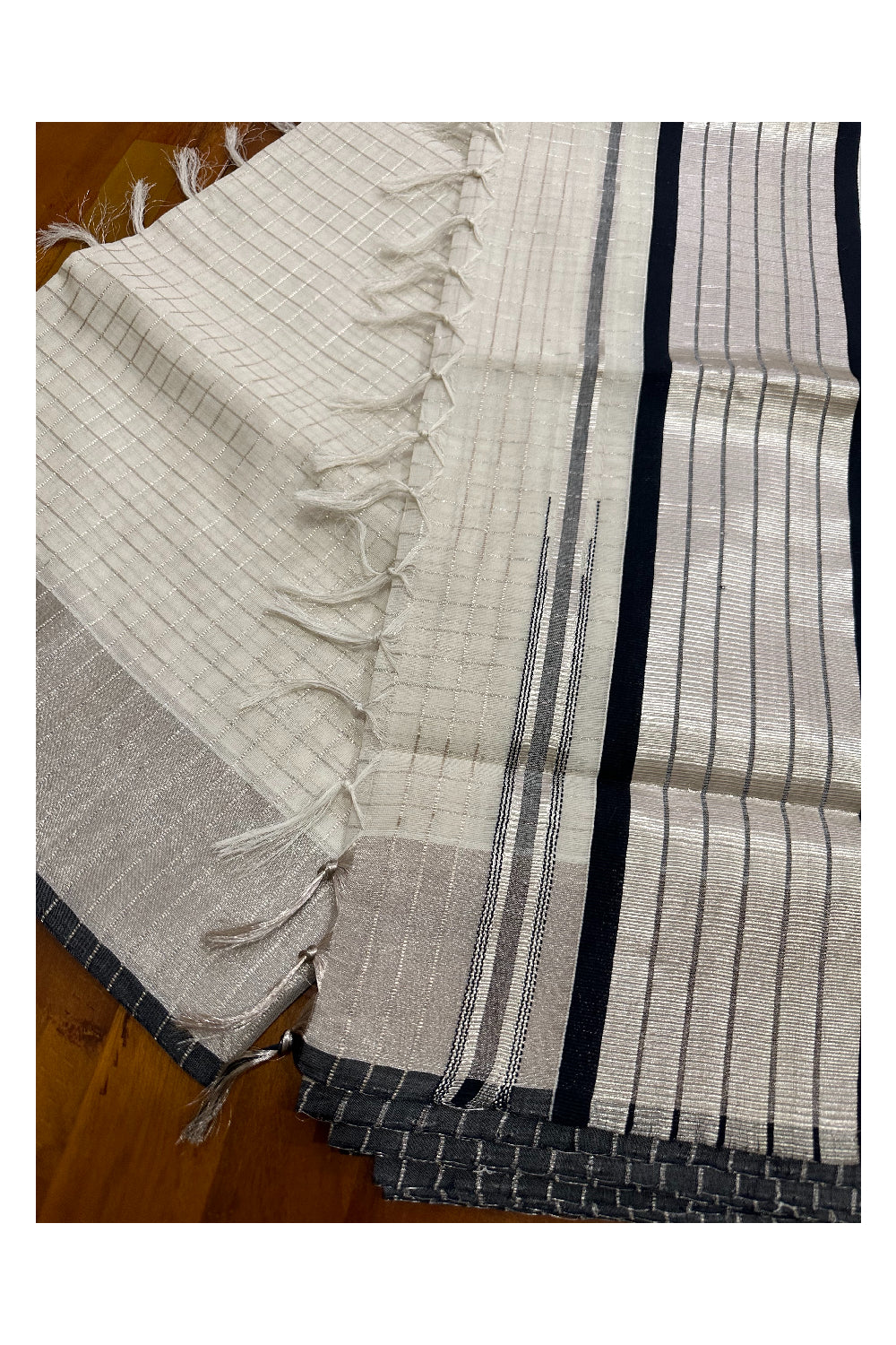 Southloom Premium Handloom Cotton Kerala Saree with Silver Kasavu Checks Across Body and Black Border (Onam Saree 2023)