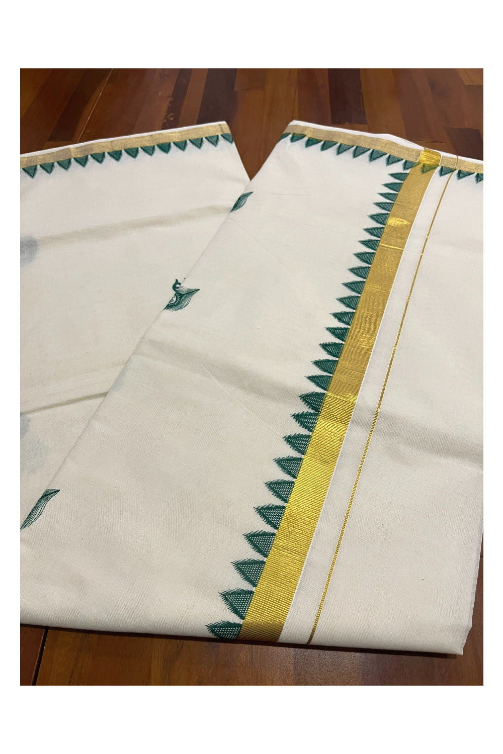 Pure Cotton Kerala Kasavu Saree with Green Temple Block Printed Border