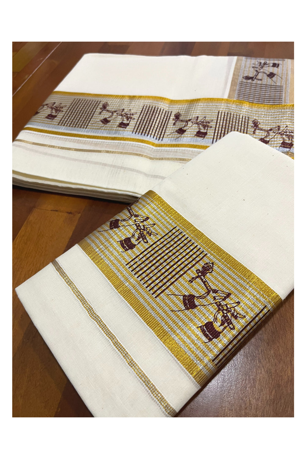 Southloom Pure Cotton Kerala Single Set Mundu with Brown Block Prints on Kasavu Border (Onam Set Mundu 2023)