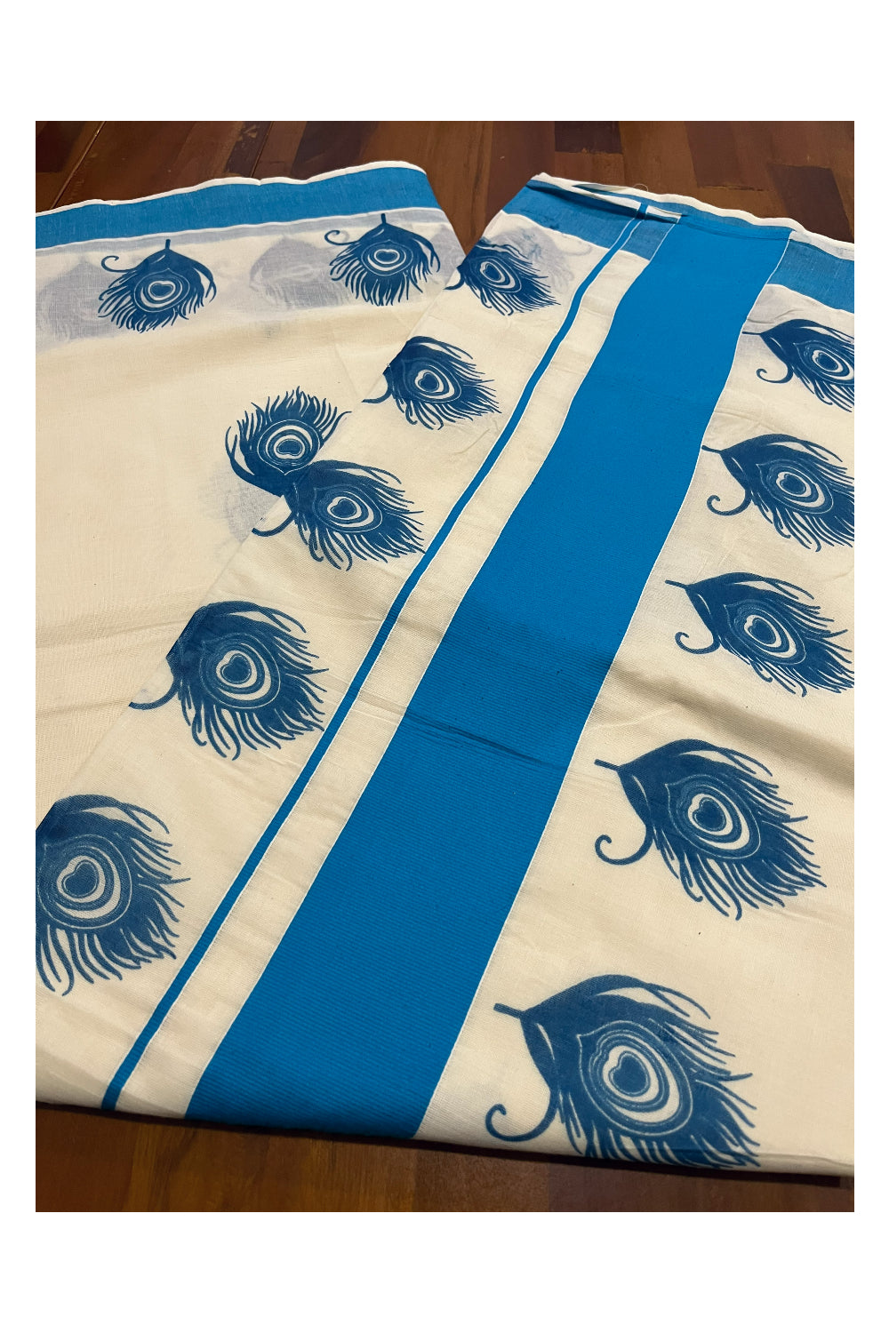 Pure Cotton Kerala Saree with Blue Feather Block Printed Border (Onam Saree 2023)