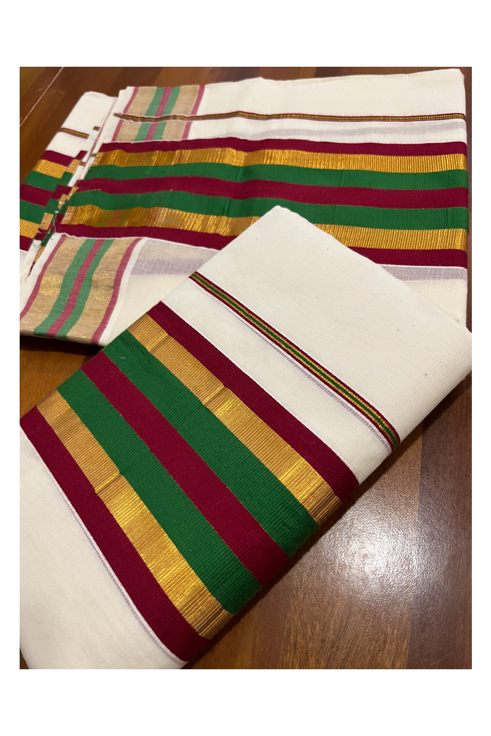 Kerala Cotton Mundum Neriyathum Single (Set Mundu) with Green Maroon and Kasavu Border