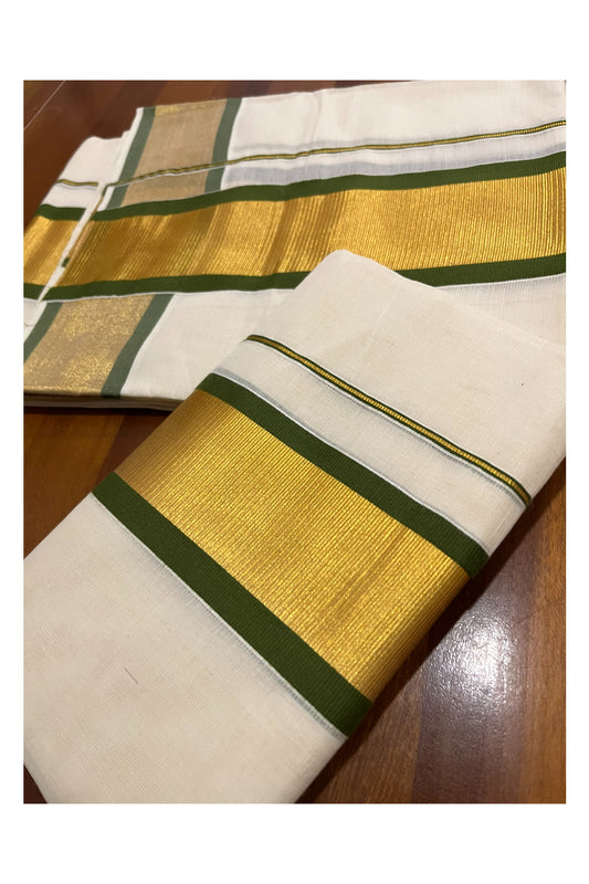 Pure Cotton Kerala Onam 2023 Set Mundu (Mundum Neriyathum) Single with Green and Kasavu Border 2.80 Mtrs