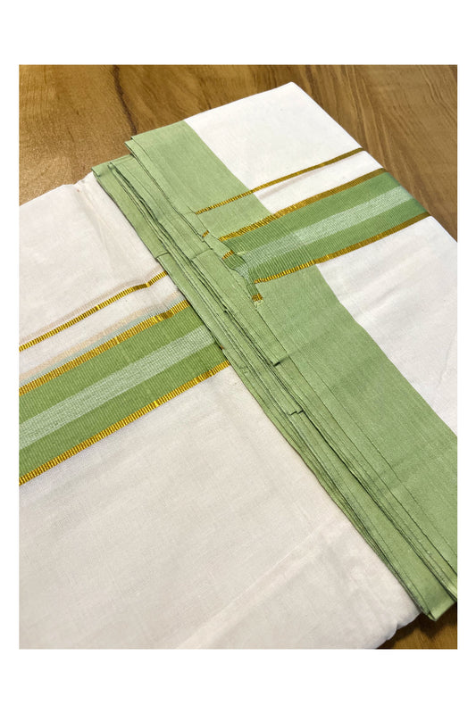 Pure Cotton Off White Double Mundu with Kasavu and Green Kara (South Indian Kerala Dhoti)