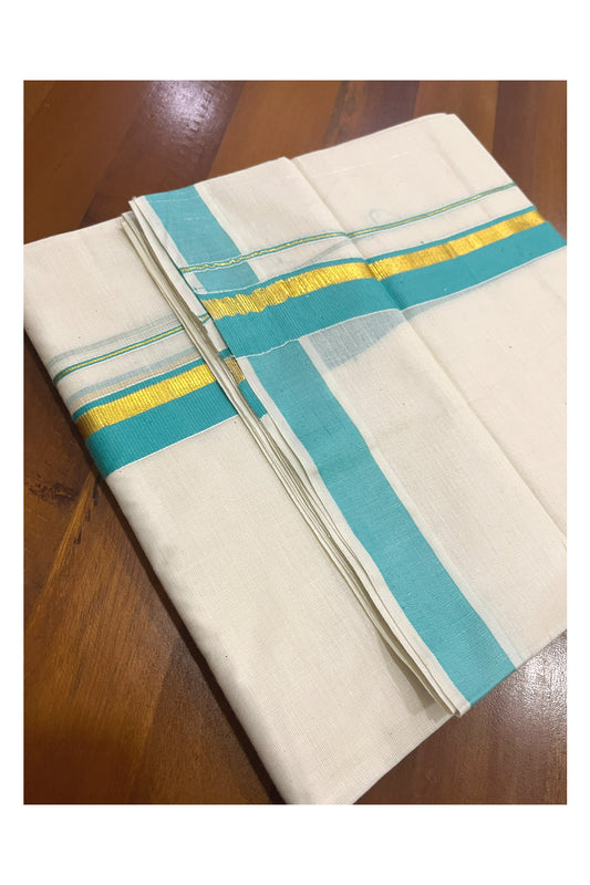 Pure Cotton Kerala Double Mundu with Kasavu and Turquoise Kara (South Indian Kerala Dhoti)