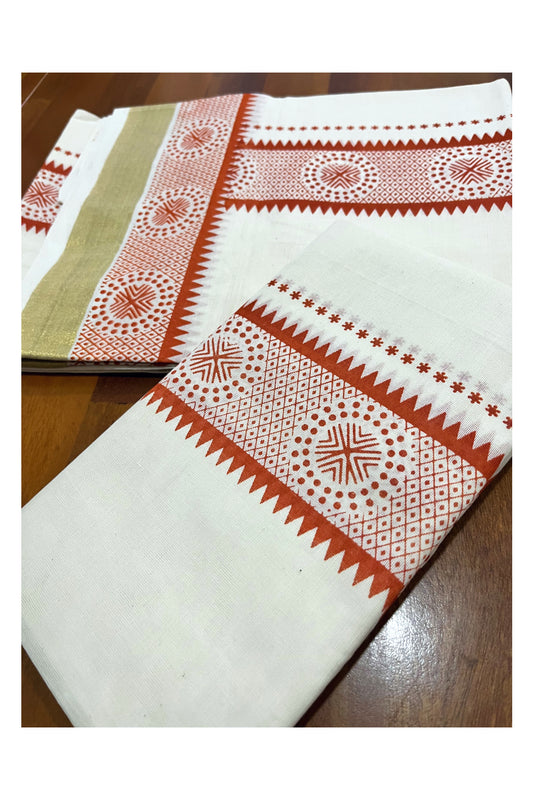 Kerala Pure Cotton Single Set Mundu with Orange Block Printed Border