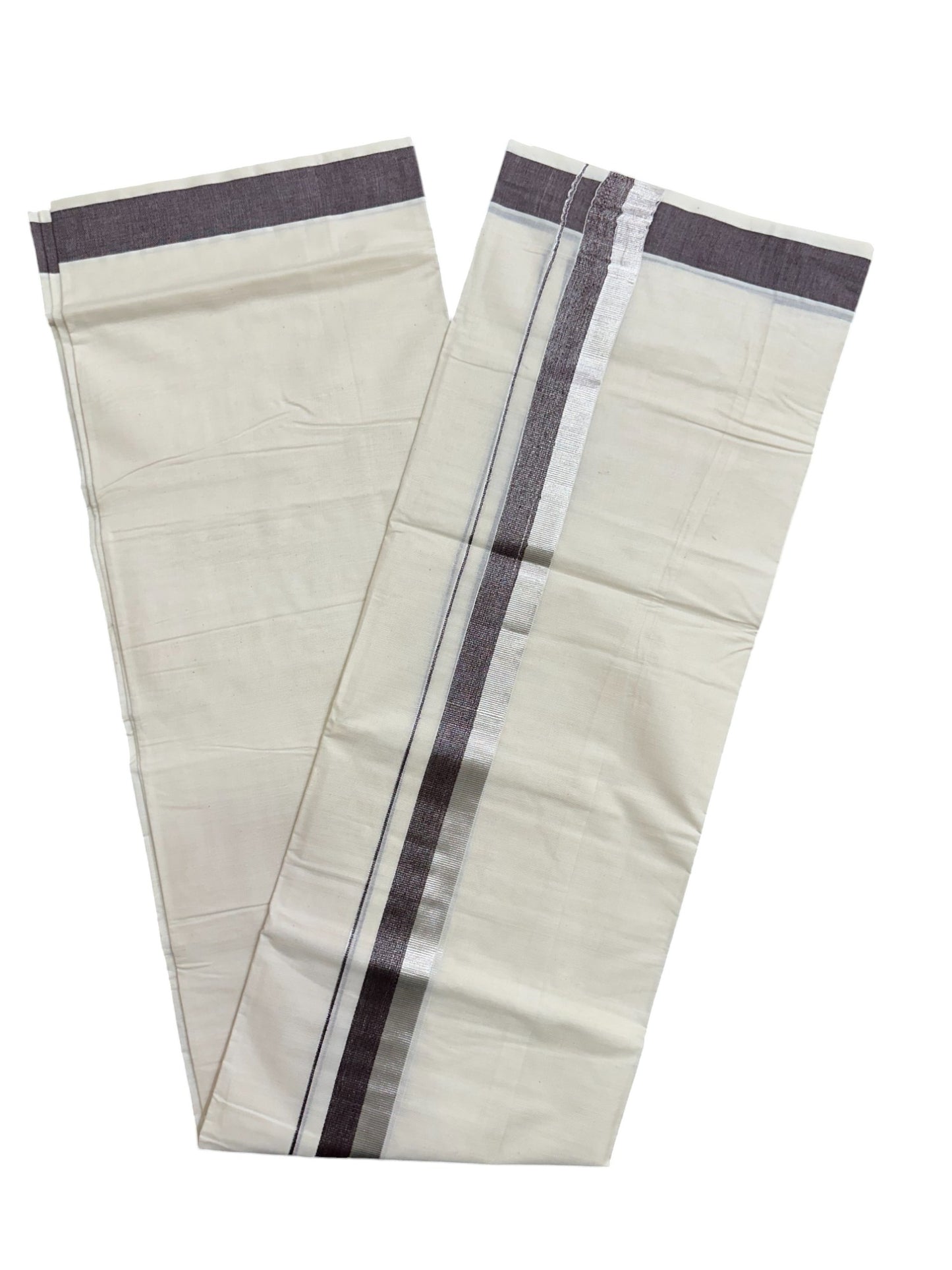 Kerala Pure Cotton Off White Double Mundu with Silver Kasavu And Brown Kara (South Indian Kerala Dhoti)