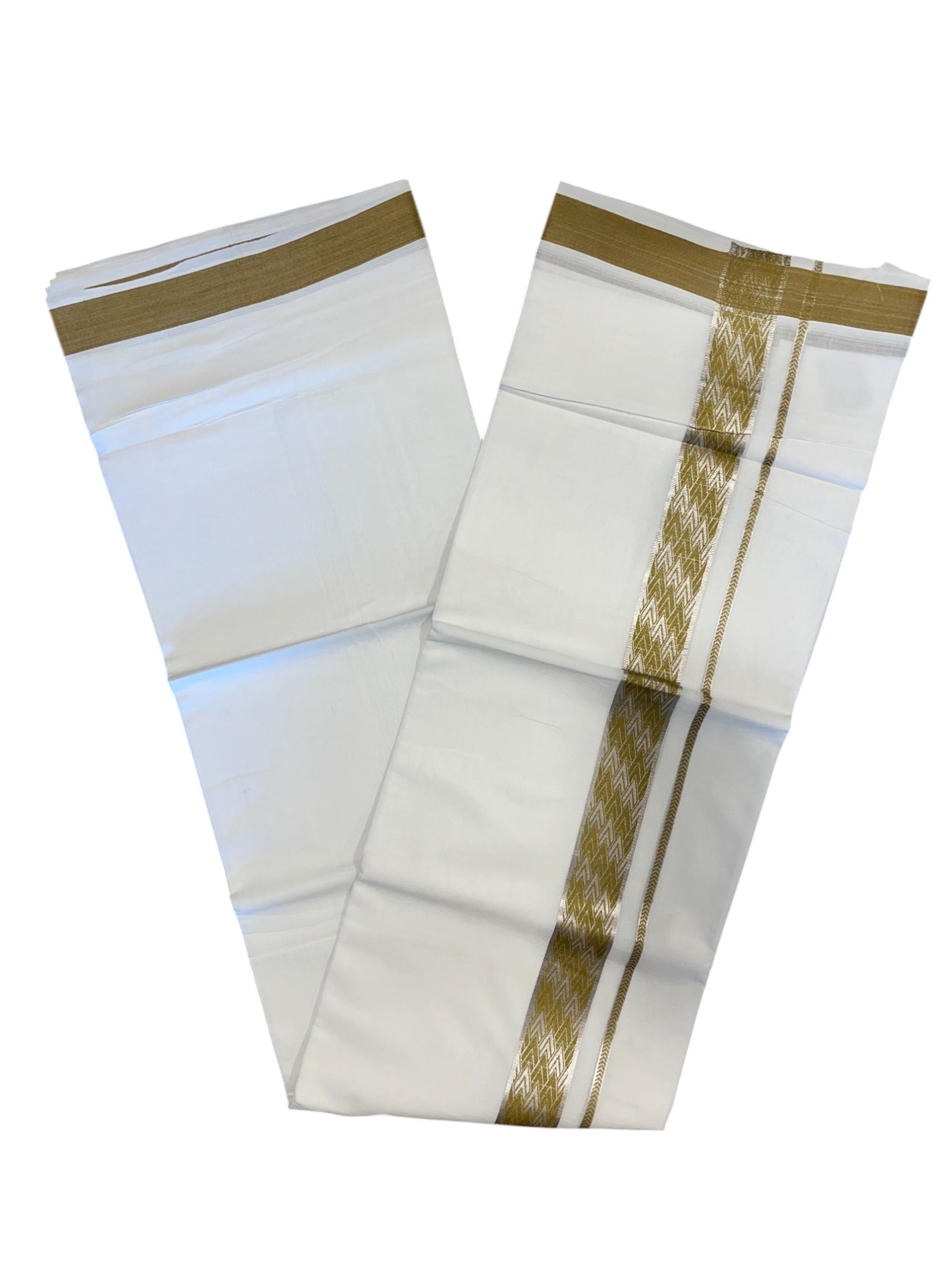 Pure White Cotton Double Mundu with Silver Kasavu and Olive Green Woven Border