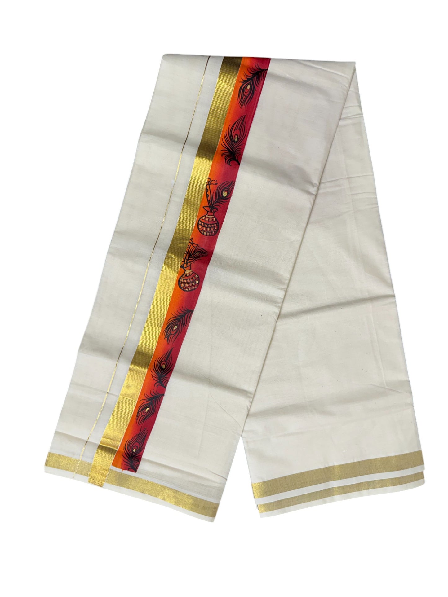 Kerala Pure Cotton Double Mundu with Hand Painted Designs on Kasavu Border(South Indian Kerala Dhoti)